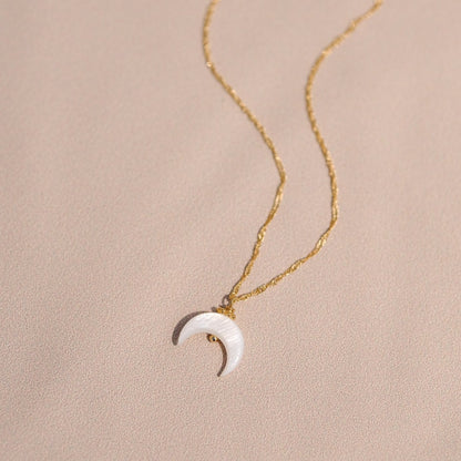 Collier "Learn" composé d'une corne en nacre blanche, monté sur une chaine fine torsadé le tout doré à l'or fin.